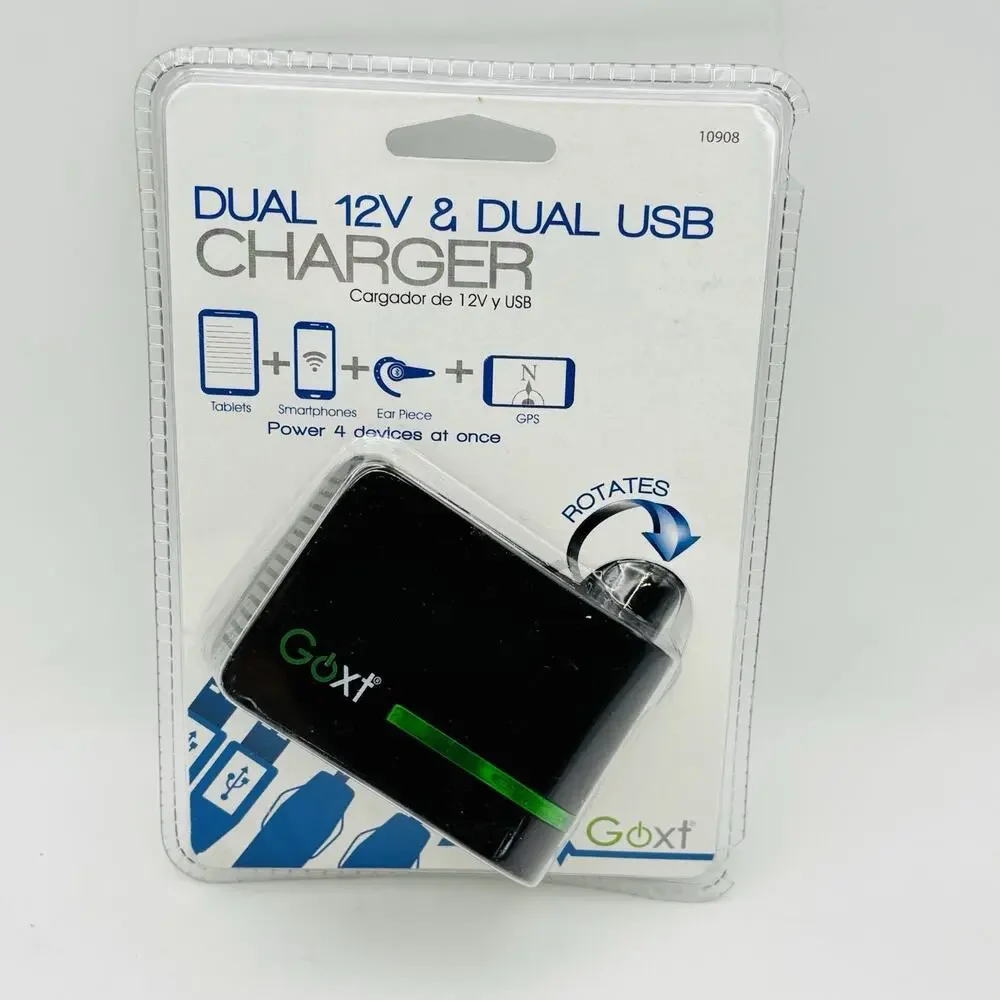Goxt Dual 12V & Dual USB Charger for Cigarette Lighter 4 devices at once Sealed